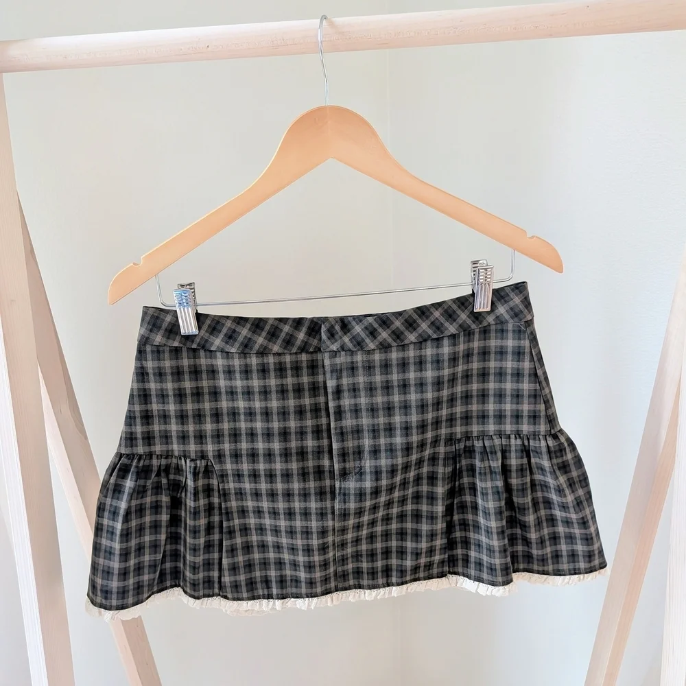 NWT Zara Plaid Checkered Lace Ruffle Hem Mini Skirt In Green - M